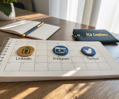 A visually appealing calendar layout on a desk, with navy blue and gold icons representing LinkedIn, Instagram, and Twitter, and a checklist clipboard labeled FCA compliance.
