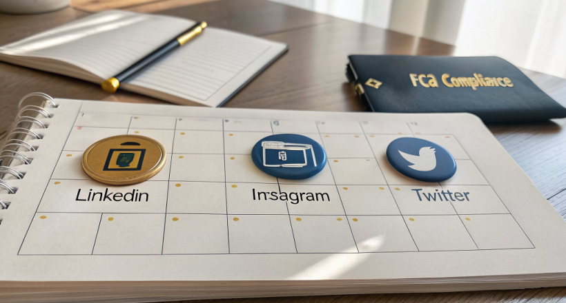 A visually appealing calendar layout on a desk, with navy blue and gold icons representing LinkedIn, Instagram, and Twitter, and a checklist clipboard labeled FCA compliance.