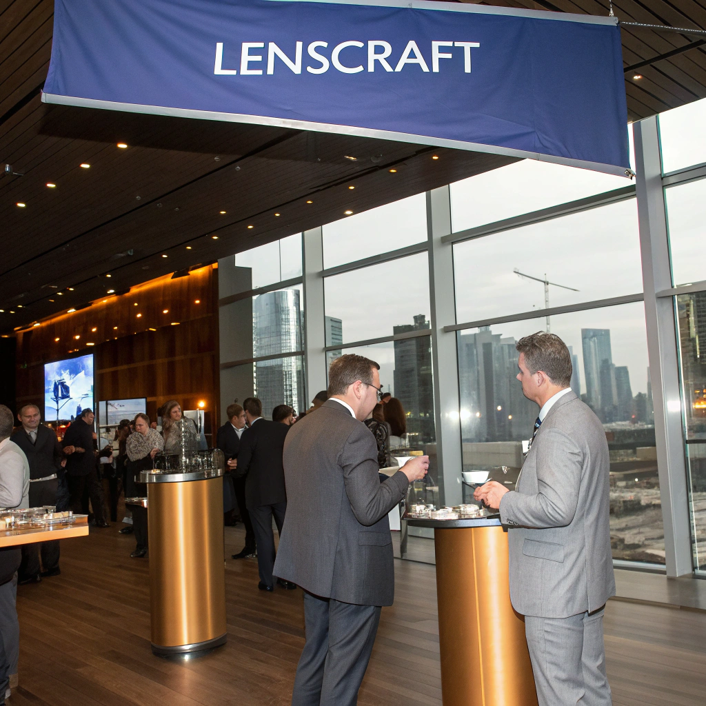 A sleek conference hall in London with navy and gold signage, a speaker on stage, and attendees networking with drinks, captured from a low angle showing the elegant décor.