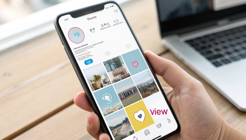 A smartphone screen showing an Instagram post with a gold‑bordered property image, caption overlay with a risk disclaimer, and a navy‑blue background.