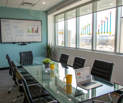 A professional meeting room with a navy and gold color palette, a laptop open to a social media dashboard, and a calendar marked with a highlighted "Free Strategy Call" appointment.