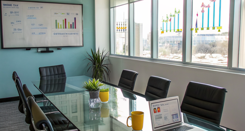 A professional meeting room with a navy and gold color palette, a laptop open to a social media dashboard, and a calendar marked with a highlighted "Free Strategy Call" appointment.