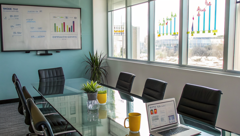 A professional meeting room with a navy and gold color palette, a laptop open to a social media dashboard, and a calendar marked with a highlighted "Free Strategy Call" appointment.