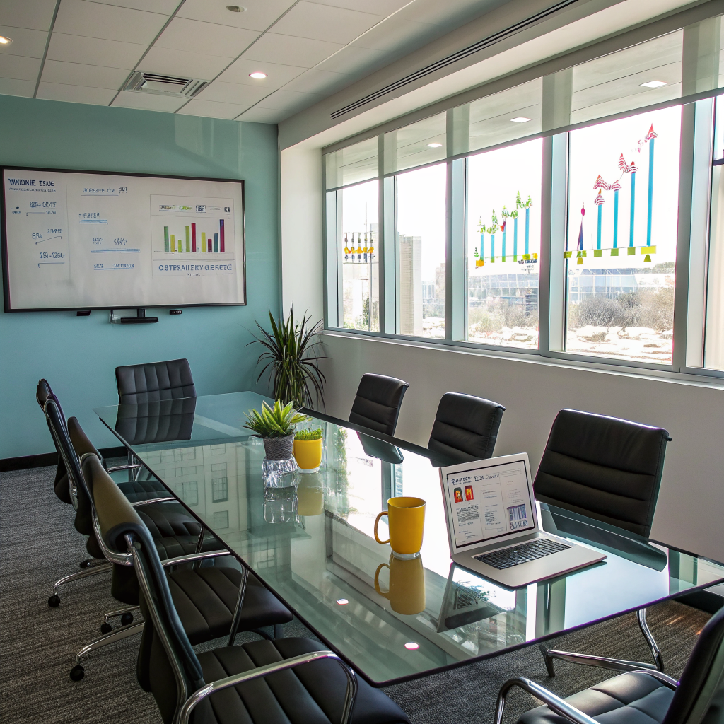 A professional meeting room with a navy and gold color palette, a laptop open to a social media dashboard, and a calendar marked with a highlighted "Free Strategy Call" appointment.