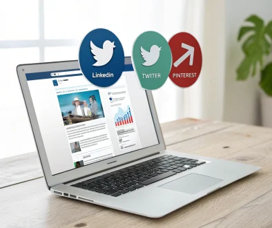 A laptop screen showing a LinkedIn profile with a gold badge, surrounded by floating icons of property, finance and a handshake, set against a dark navy background.