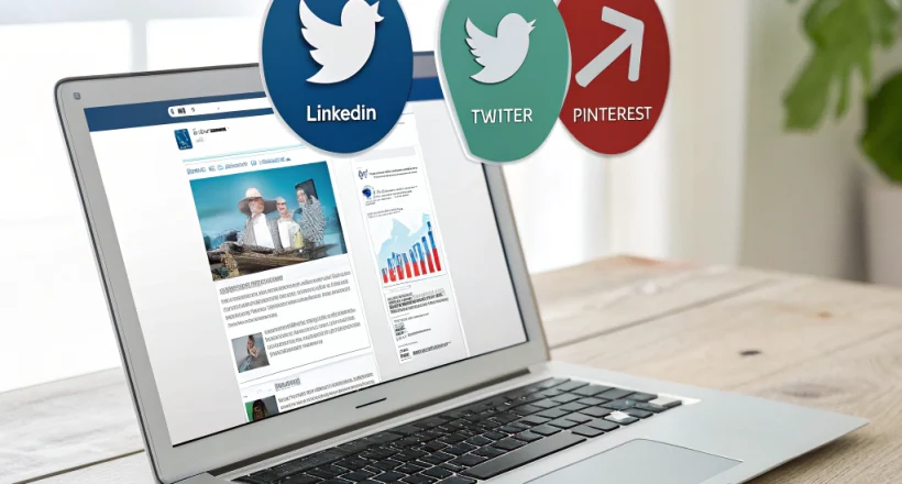 A laptop screen showing a LinkedIn profile with a gold badge, surrounded by floating icons of property, finance and a handshake, set against a dark navy background.