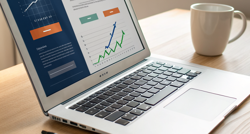 A split-screen image showing a laptop with a LinkedIn ad dashboard on one side and a gold‑styled bar graph indicating ROI on the other, against a dark navy background.
