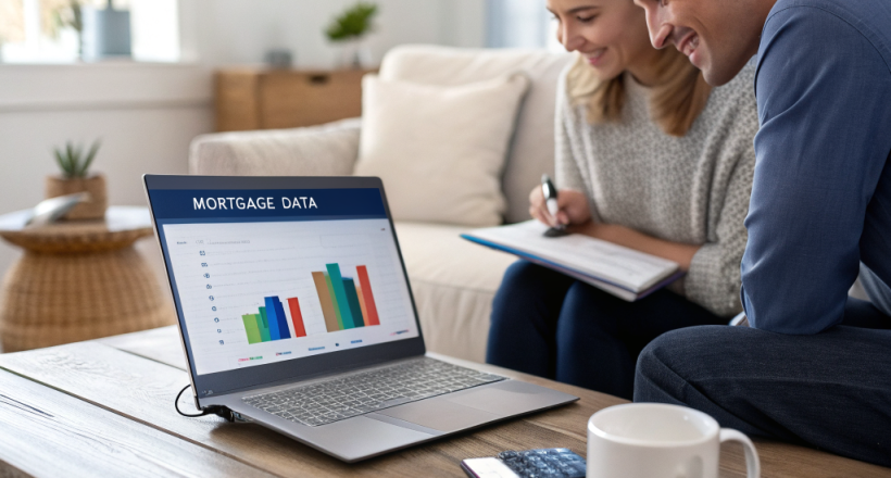 A collage featuring a laptop with a mortgage calculator, a happy homeowner shaking hands with a broker, and a gold‑accented infographic snippet, all set against a dark navy background.