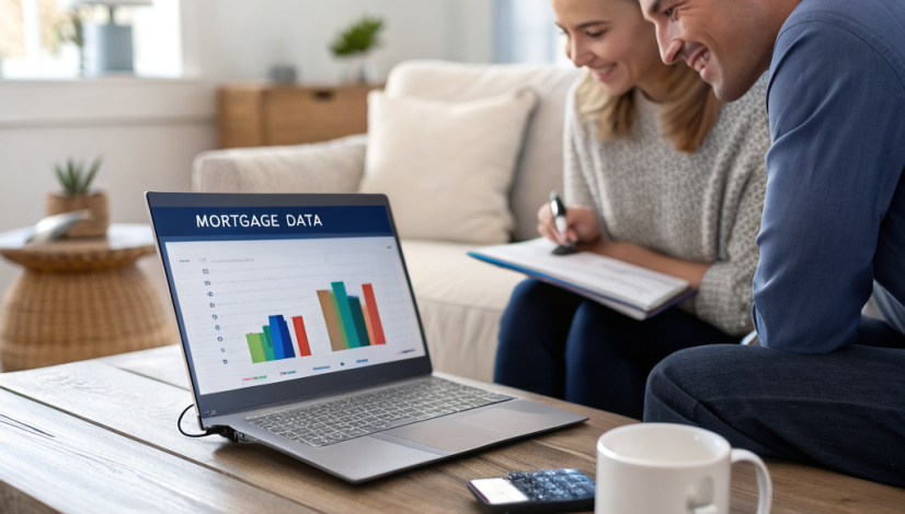 A collage featuring a laptop with a mortgage calculator, a happy homeowner shaking hands with a broker, and a gold‑accented infographic snippet, all set against a dark navy background.