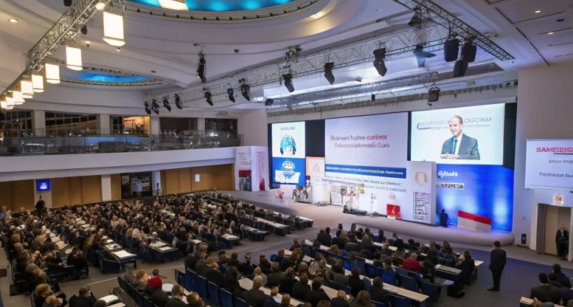 A bustling conference hall with a backdrop of a UK map, attendees in navy suits holding gold‑accented name badges, and a central stage where a speaker presents a property development slide.